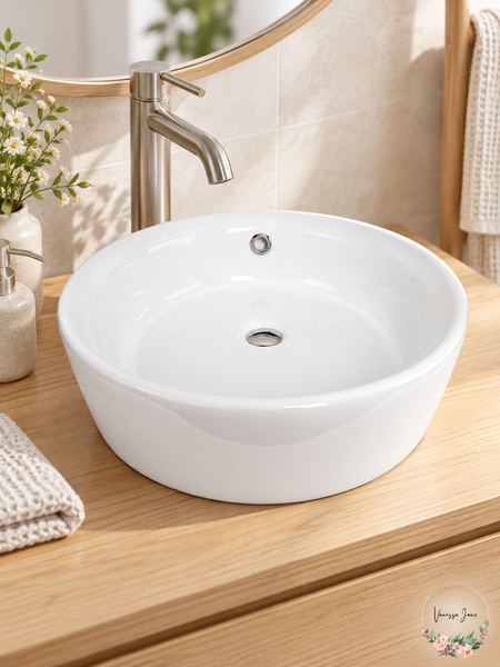 EAGO BA129 White Round Ceramic Vessel Bathroom Sink 15.75 Inch — lifestyle photograph