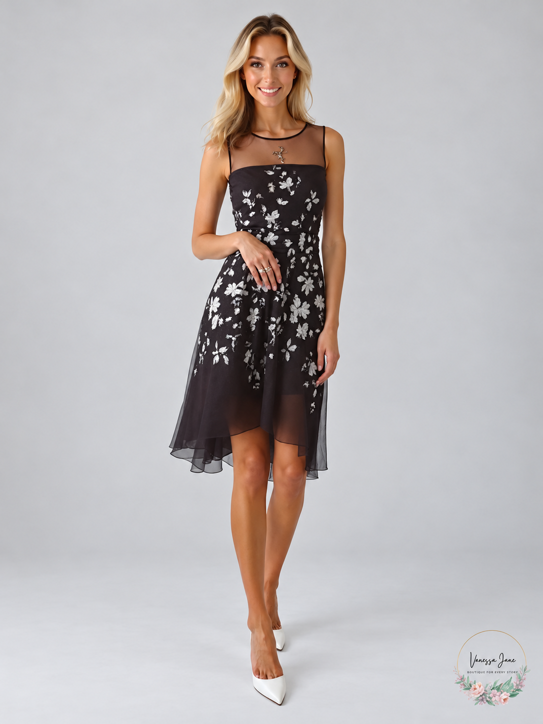 Tahari ASL Black Silver Floral Illusion-Neck Hi-Low Dress Size 2 — blacksilver stock