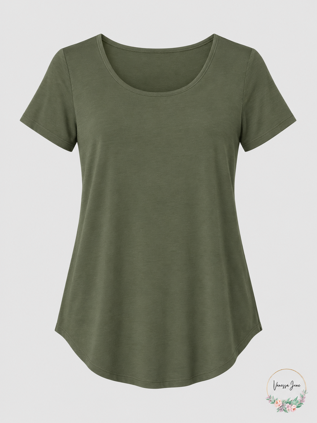 JM Collection Petite Scoop-Neck Short-Sleeve Shirttail-Hem Top — olive stock