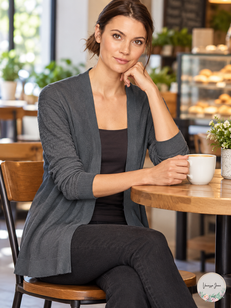 Sag Harbor Women's Open-Front Cardigan with Textured Sleeves — gray lifestyle