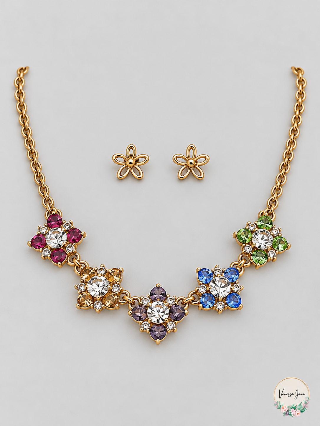 Charter Club Multicolor Crystal Cluster Necklace & Flower Stud Earring Set — gold-tone stock