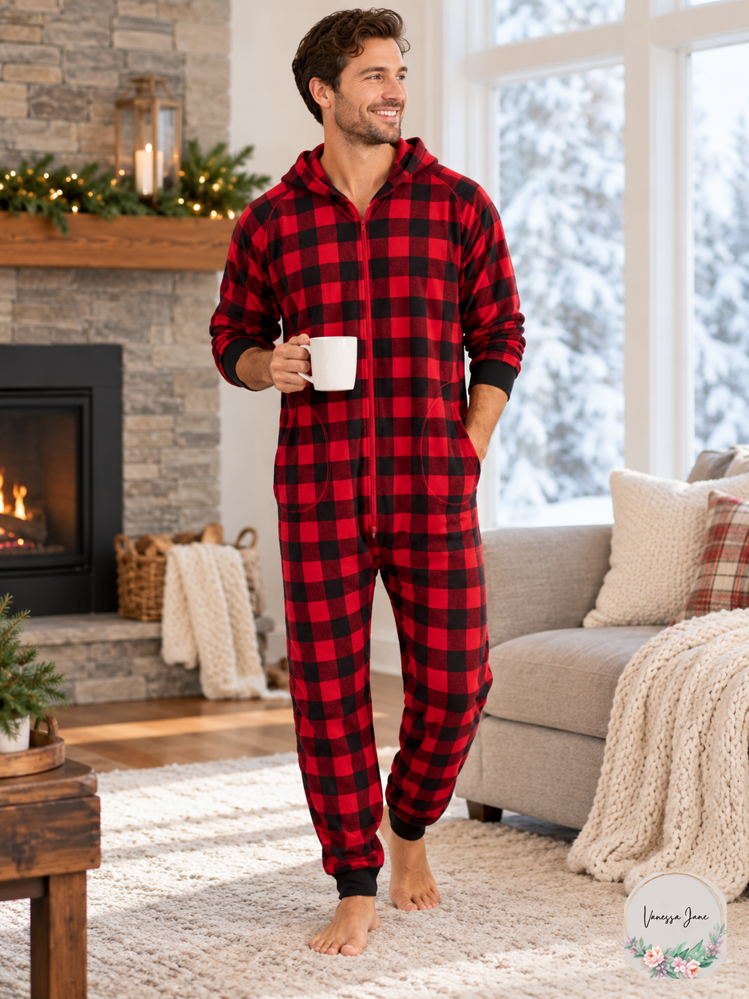 Family Pajamas Men's Red Buffalo-Check Hooded One-Piece Pajamas — red lifestyle