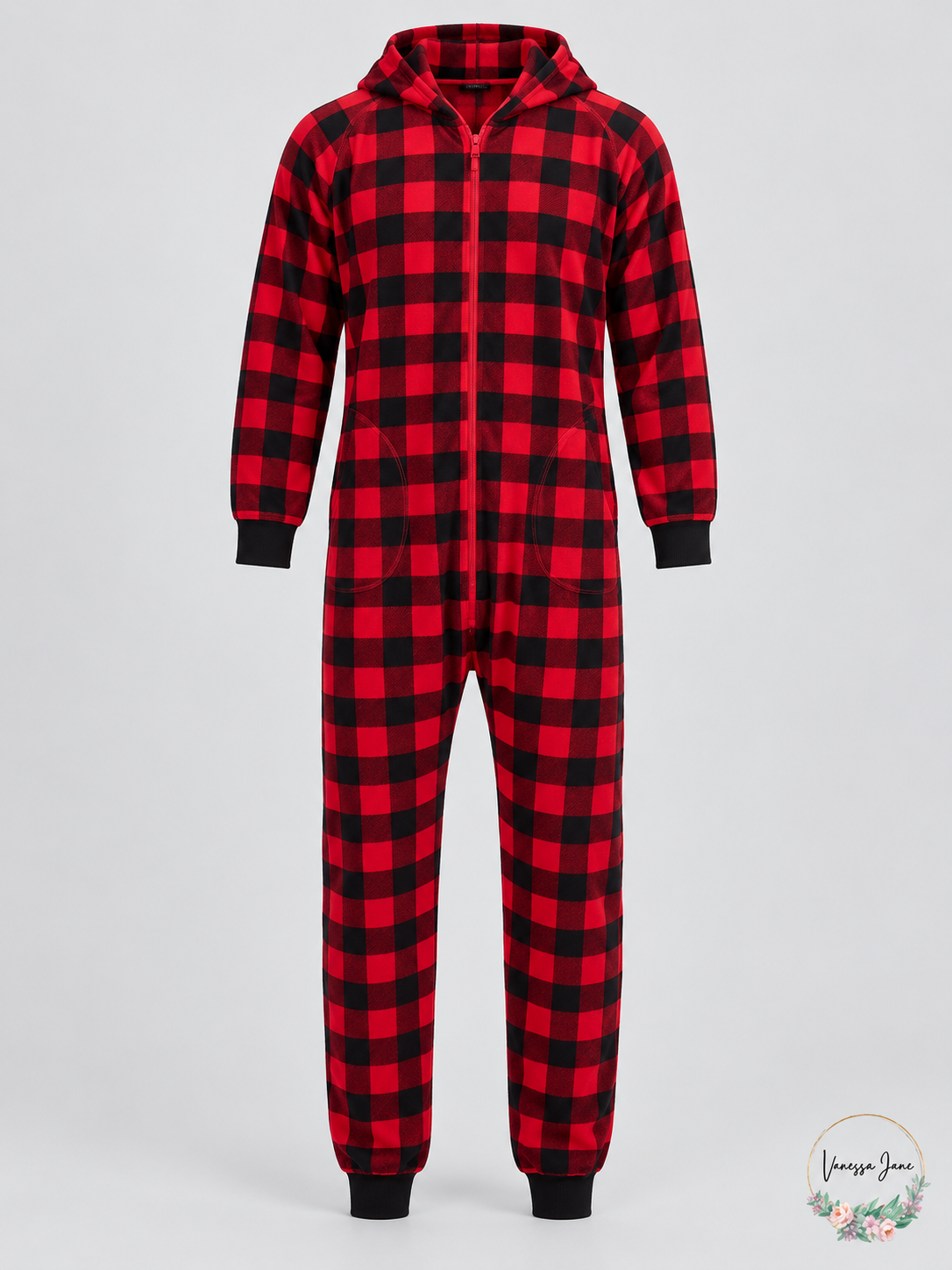 Family Pajamas Men's Red Buffalo-Check Hooded One-Piece Pajamas — red stock