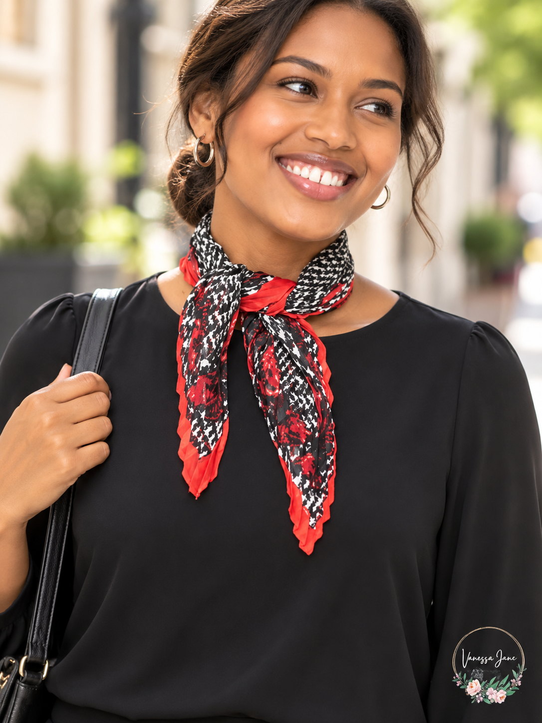 INC Women's Pleated Houndstooth Print Square Scarf - Black Red — lifestyle