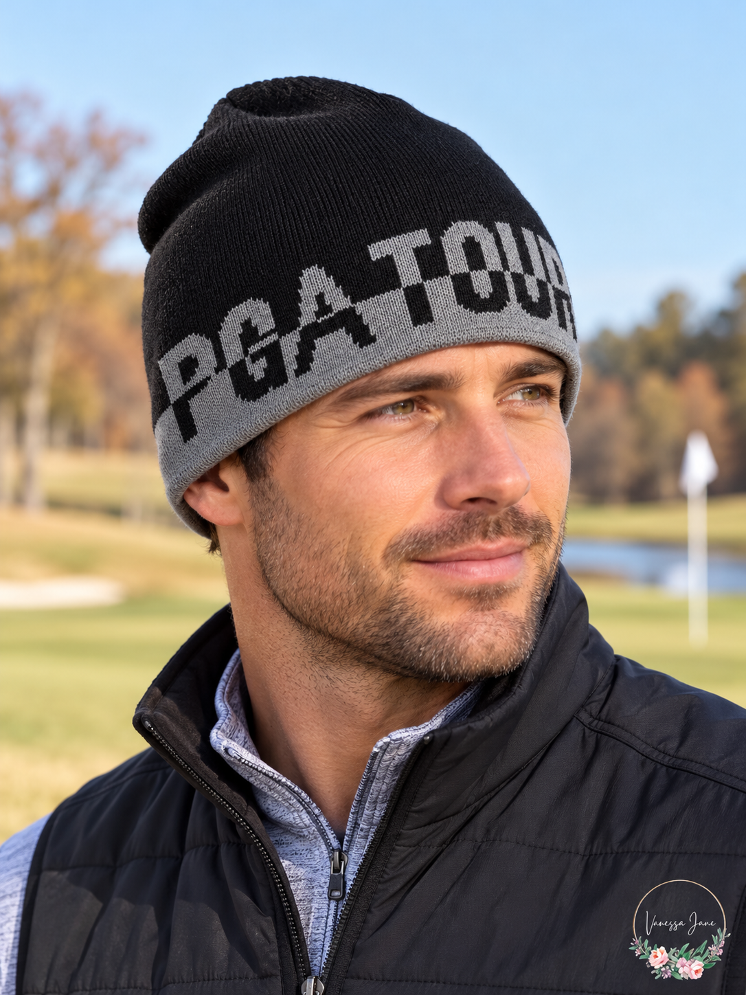 PGA TOUR Unisex Jacquard Logo Knit Beanie One Size — black lifestyle
