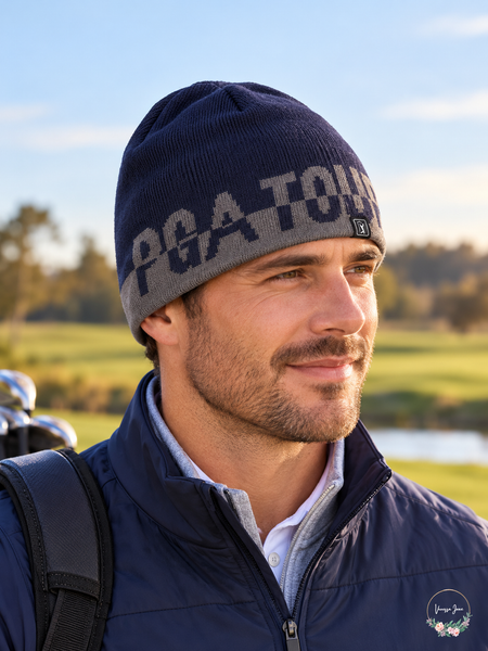 PGA TOUR Unisex Jacquard Logo Knit Beanie One Size — blue lifestyle