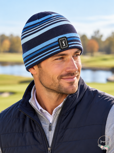 PGA TOUR Reversible Striped Knit Beanie Blue Iris One Size — blue lifestyle