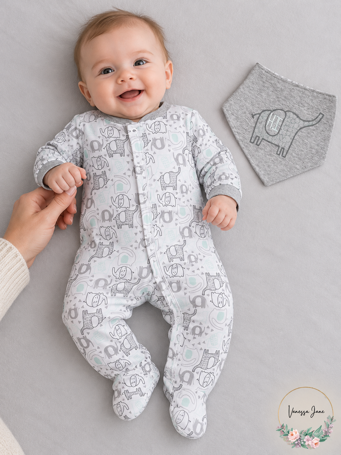 Chickpea Baby Elephant Print Footed Coverall & Bandana Bib Set — white-elephant lifestyle