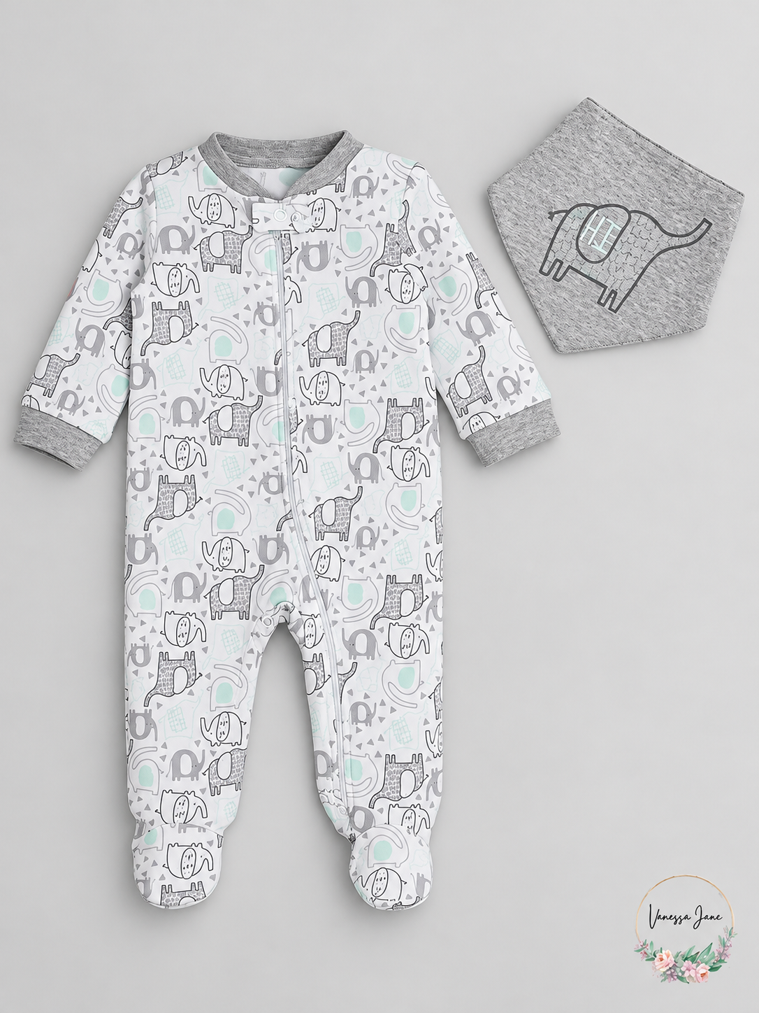Chickpea Baby Elephant Print Footed Coverall & Bandana Bib Set — white-elephant stock