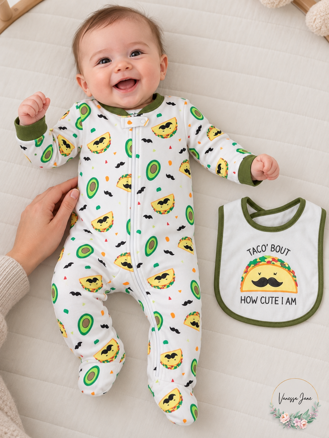 Chickpea Baby Printed Cotton Footed Coverall & Bib Set Safari or Taco — multicolor-taco lifestyle