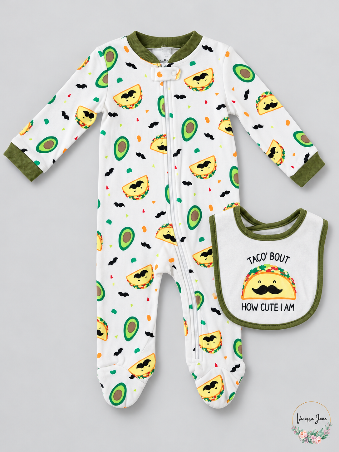Chickpea Baby Printed Cotton Footed Coverall & Bib Set Safari or Taco — multicolor-taco stock