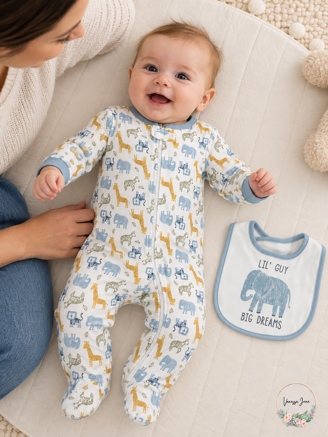 Chickpea Baby Printed Cotton Footed Coverall & Bib Set Safari or Taco — white-safari lifestyle