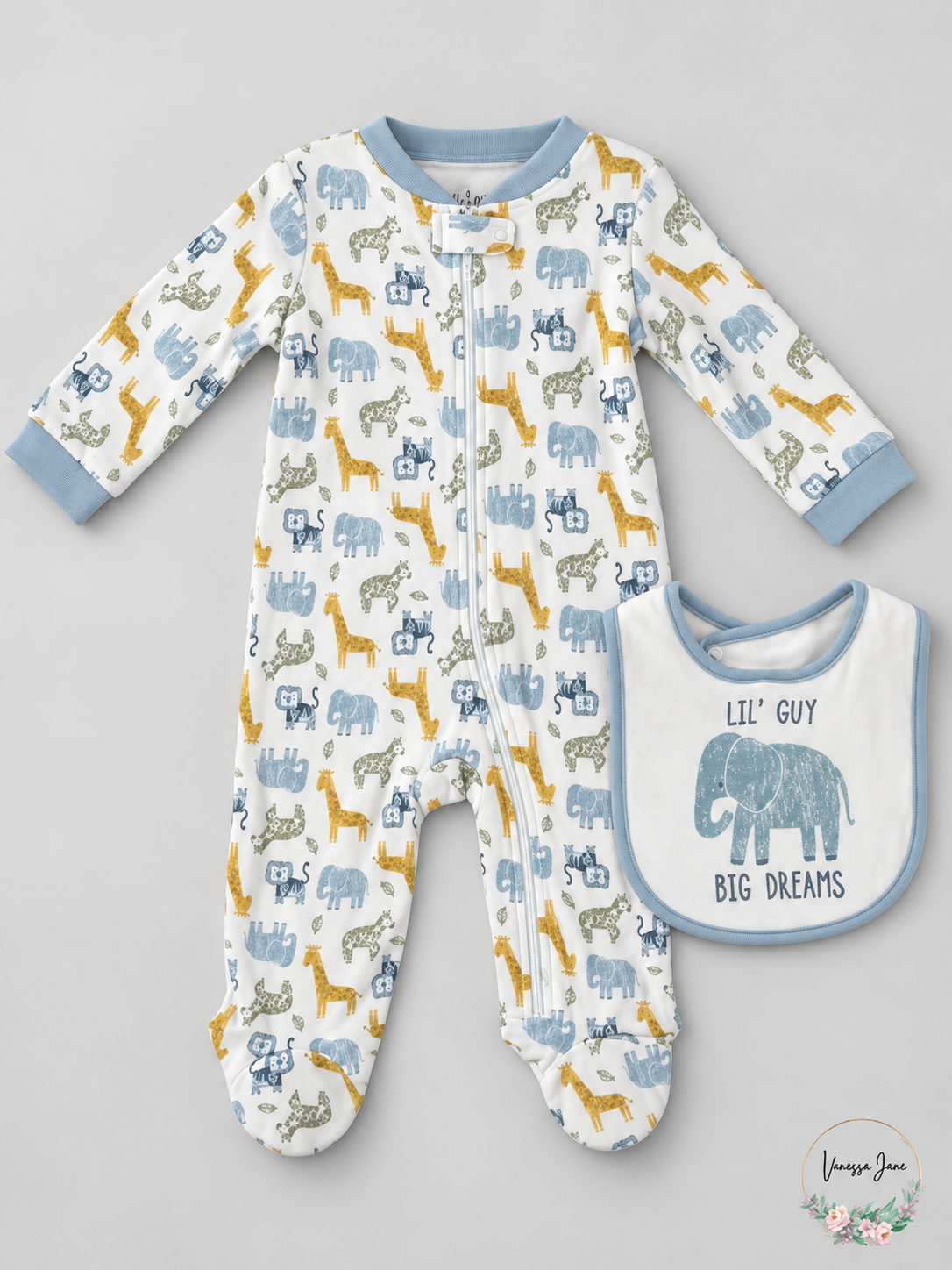 Chickpea Baby Printed Cotton Footed Coverall & Bib Set Safari or Taco — white-safari stock