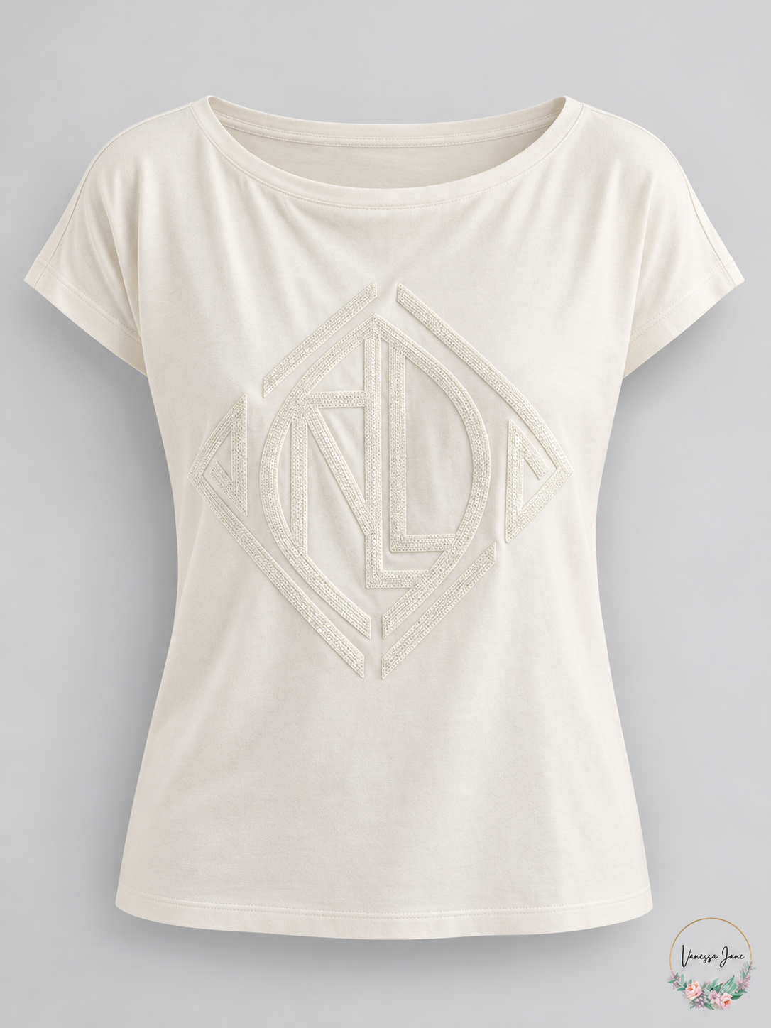 Lauren Ralph Lauren Women's Sequined Art Deco Boatneck T-Shirt — beige stock