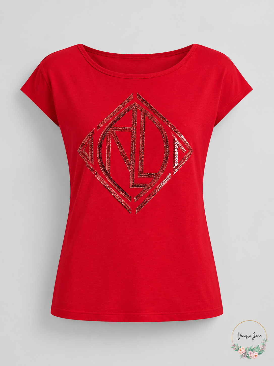 Lauren Ralph Lauren Women's Sequined Art Deco Boatneck T-Shirt — red stock