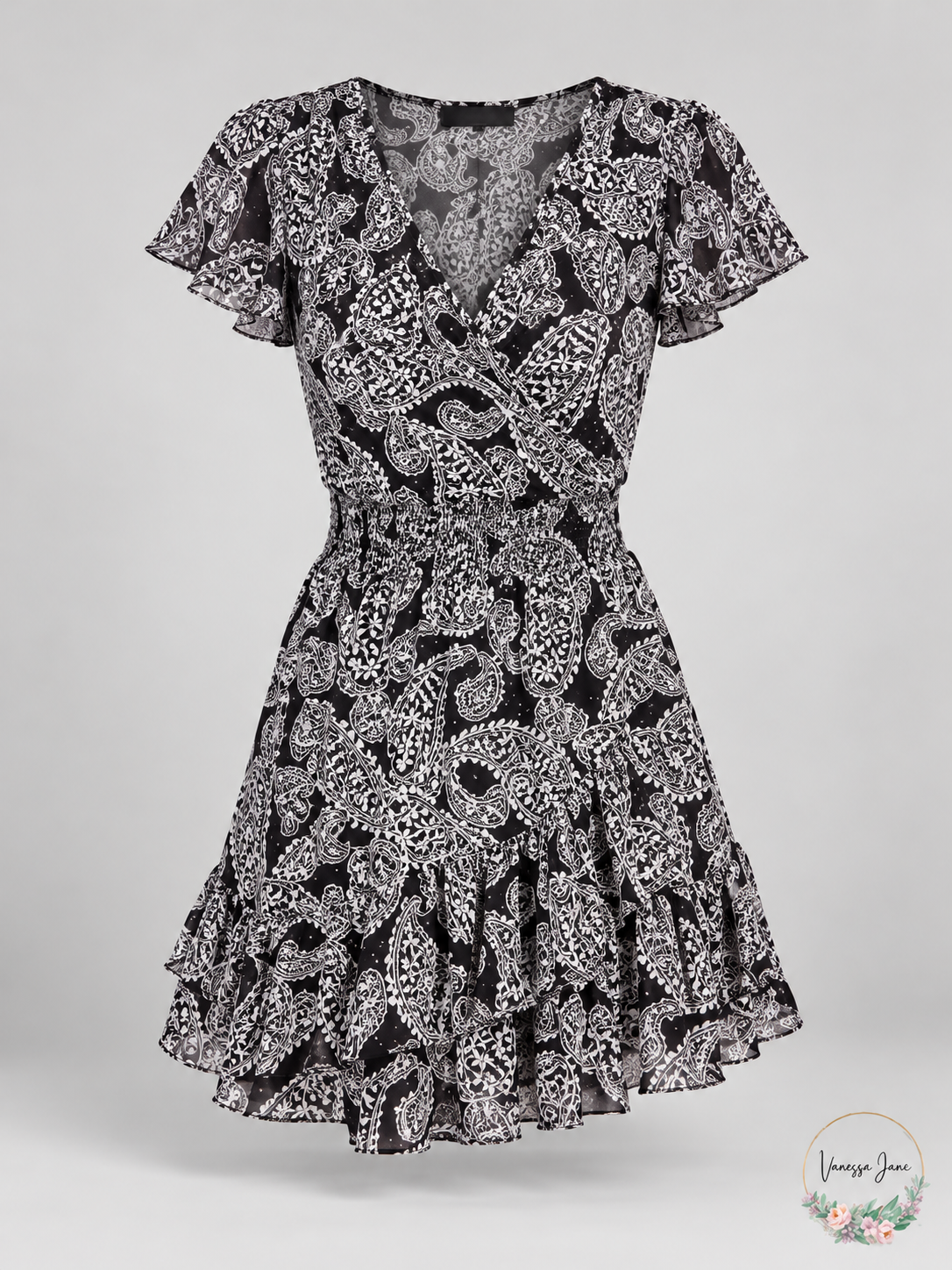 Michael Michael Kors Black White Paisley Ruffle-Hem Dress Small — black stock