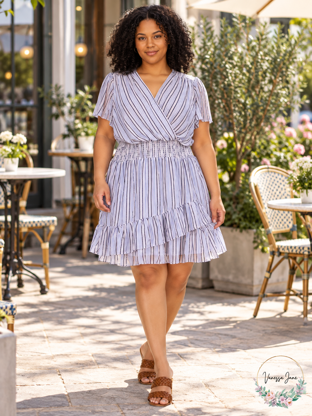 Michael Kors Plus Size Blue Striped Surplice Flutter-Sleeve Dress 1X — blue lifestyle