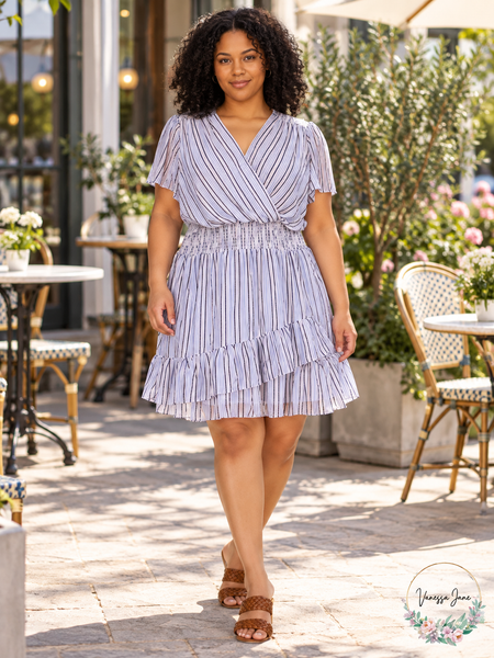 Michael Kors Plus Size Blue Striped Surplice Flutter-Sleeve Dress 1X — blue lifestyle