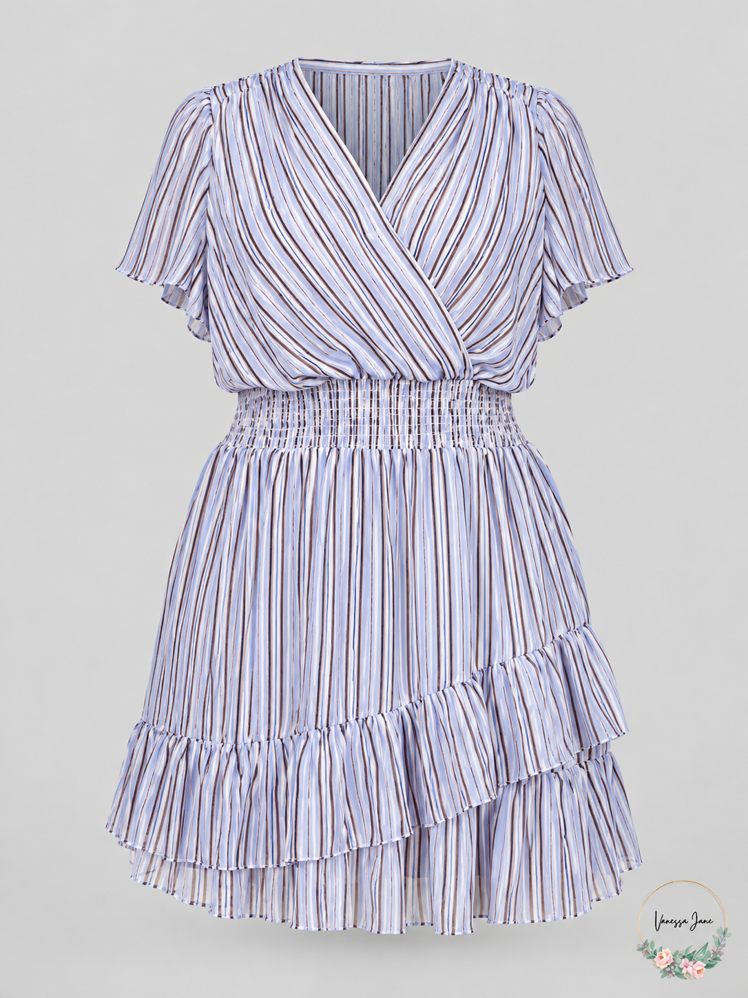 Michael Kors Plus Size Blue Striped Surplice Flutter-Sleeve Dress 1X — blue stock