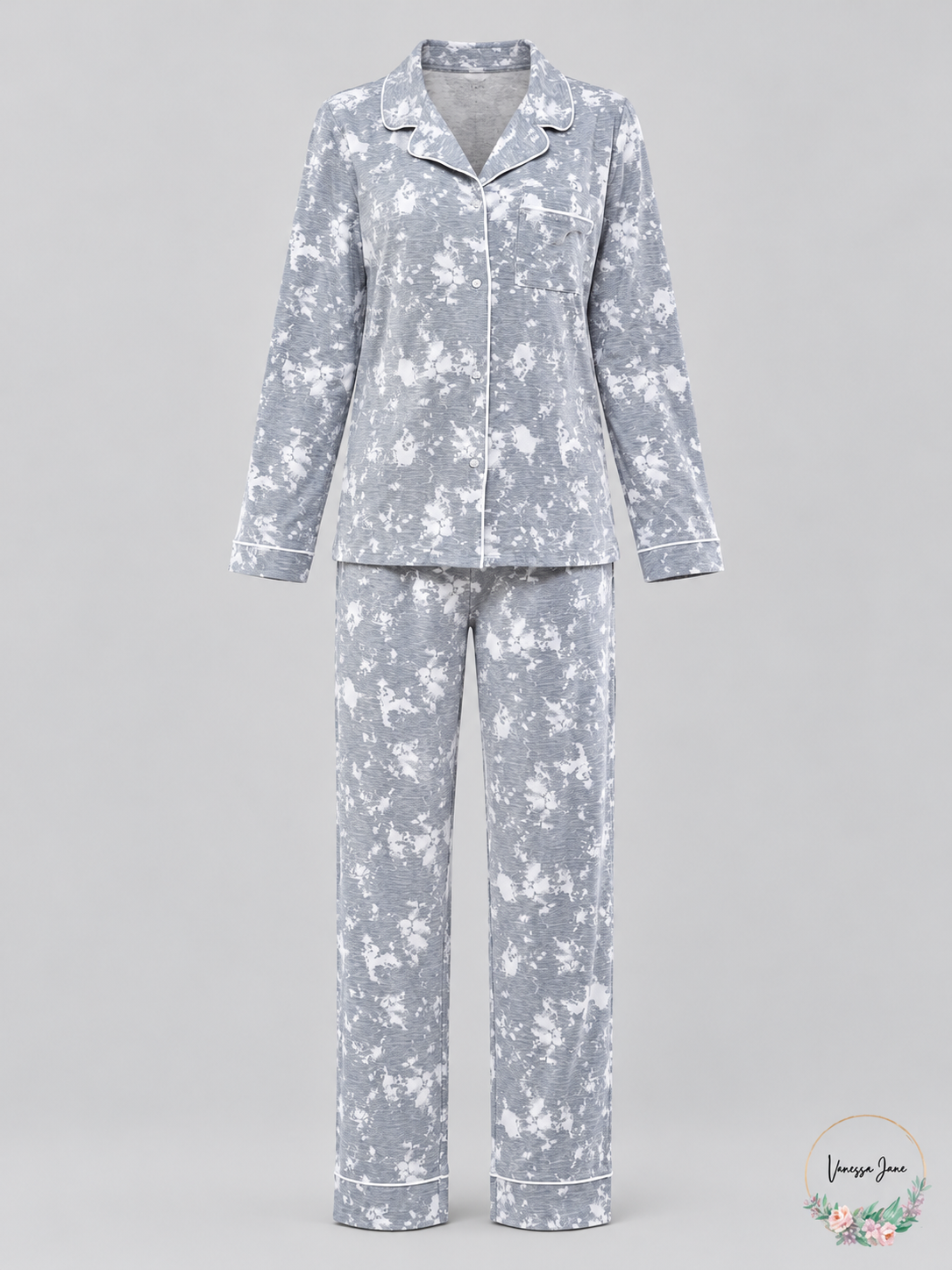 Roudelain Women's Gray Tie-Dye Notch-Collar Pajama Set — stock