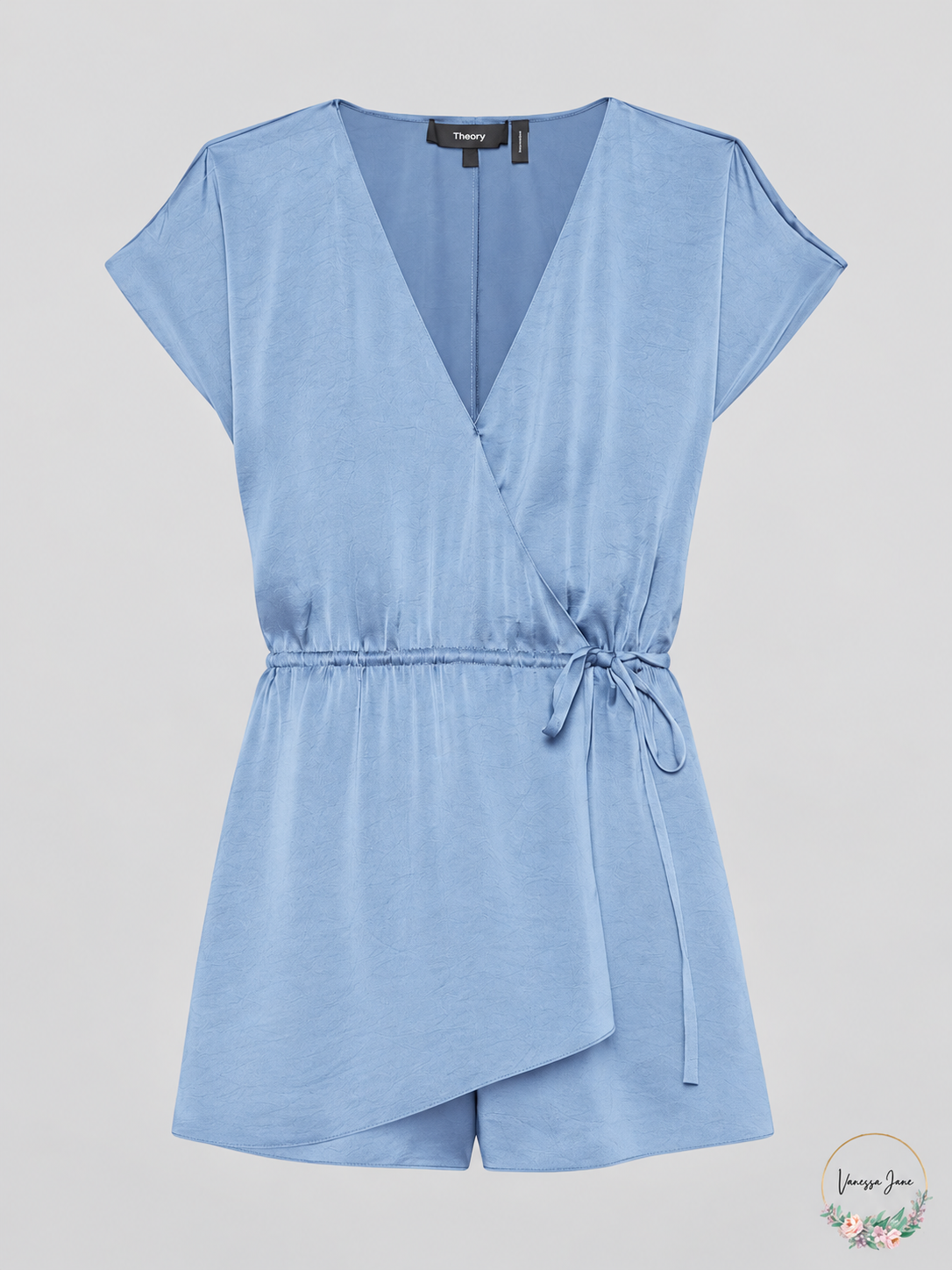 Theory Blue Short-Sleeve Wrap Romper with Side Tie — blue stock