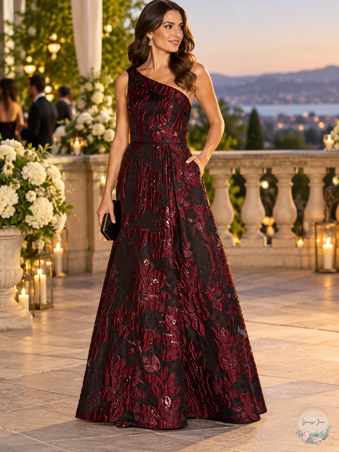 Aidan Mattox Wine Floral Jacquard One Shoulder Evening Gown — lifestyle