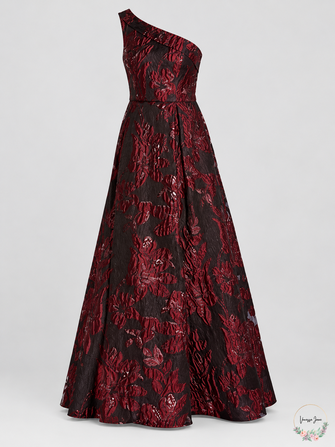Aidan Mattox Wine Floral Jacquard One Shoulder Evening Gown — stock