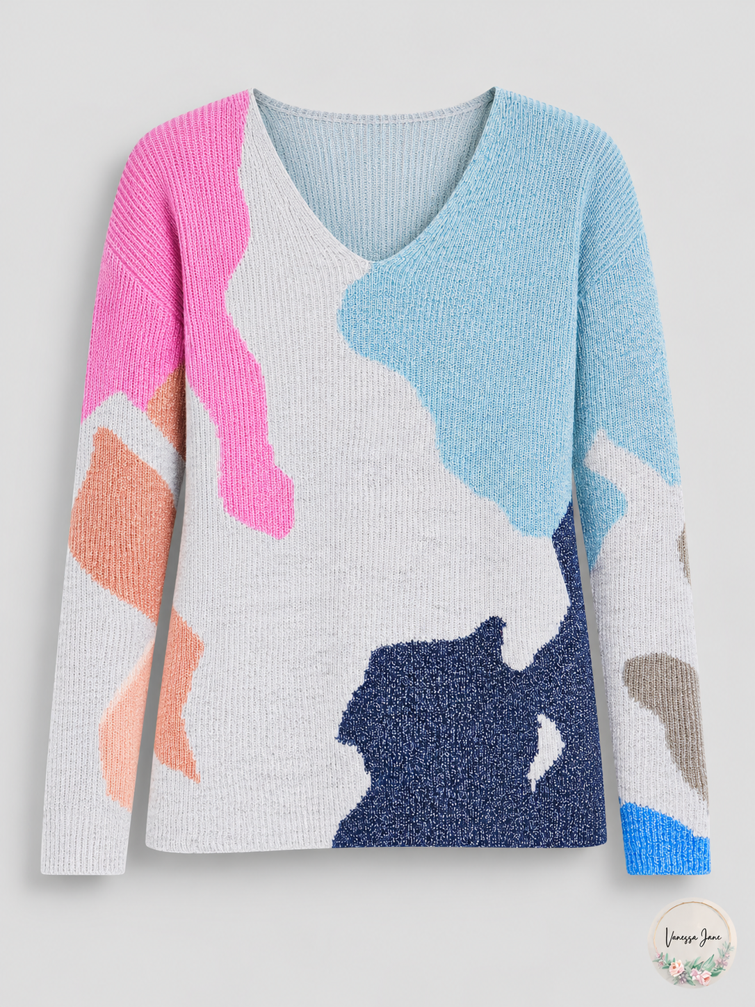 NIC+ZOE Puzzle Time Women's Blue Multi V-Neck Cotton-Blend Sweater XL — multi stock