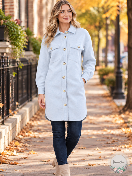 BLANKNYC Women's Pale Blue Longline Button-Front Shacket Medium — lifestyle photo