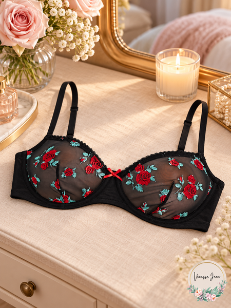 INC Women's Rose-Embroidered Sheer Underwire Bra - Black — lifestyle