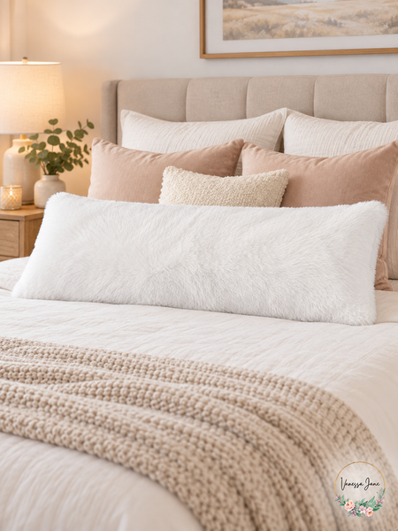 Home Design White Shaggy Faux-Fur Rectangular Body Pillow — white lifestyle