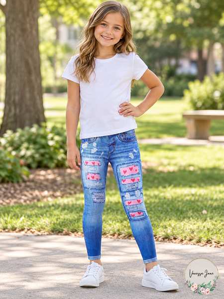 Girls Blue Denim-Print Heart Leggings Size 7-8 Stretch Knit — blue lifestyle