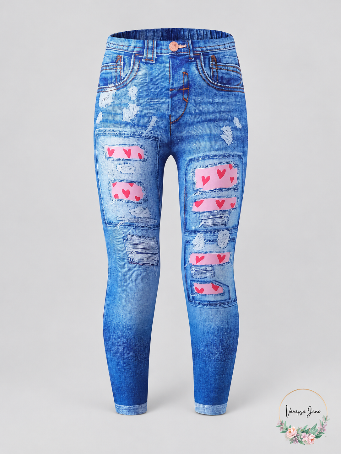 Girls Blue Denim-Print Heart Leggings Size 7-8 Stretch Knit — blue stock