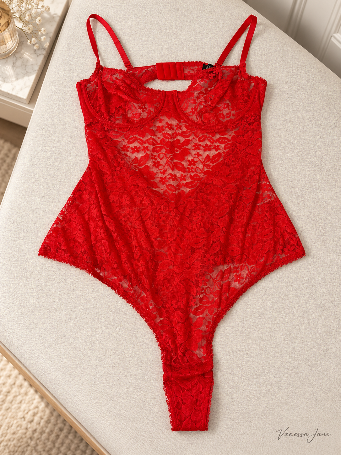 INC International Concepts Red Sheer Lace Underwire Bodysuit Ski Patrol — red lifestyle