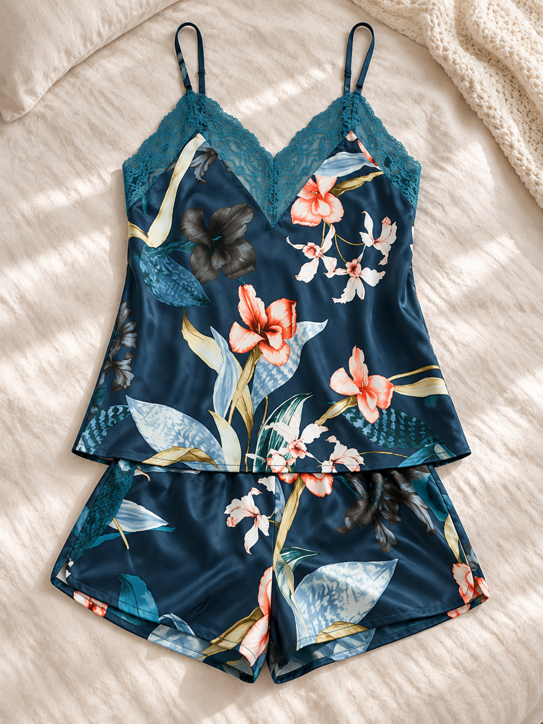 Linea Donatella Womens Floral Satin Cami & Shorts Set Small Teal