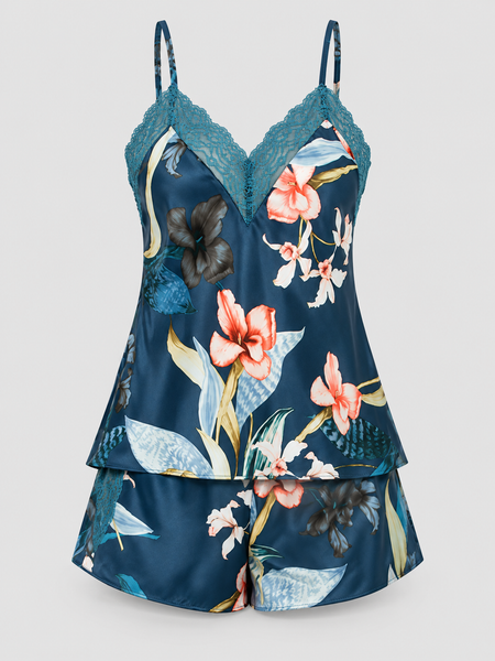 Linea Donatella Womens Floral Satin Cami & Shorts Set Small Teal