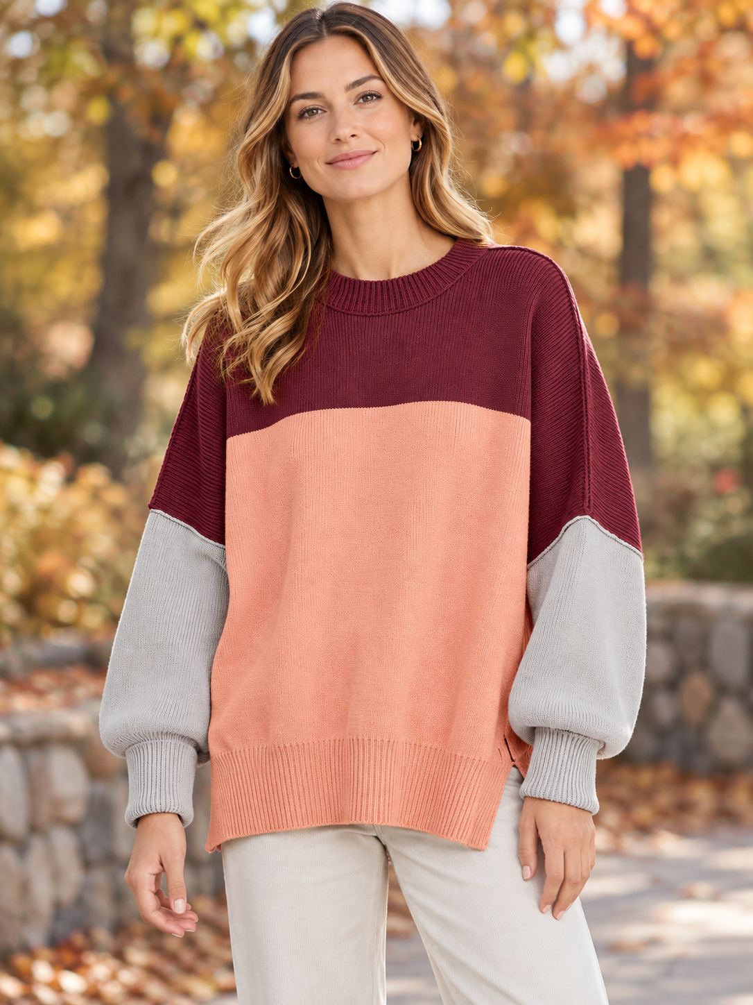 Free People Womens Color Block Long Sleeve Pullover Top Medium Maroon