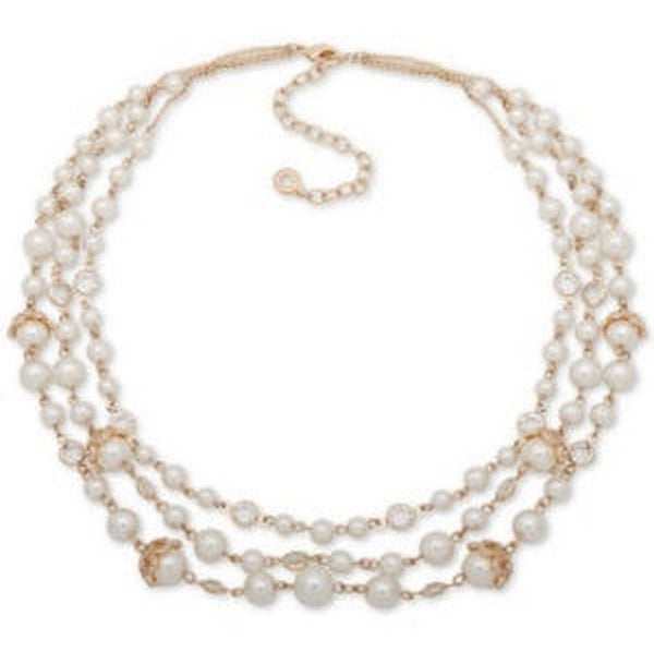 Anne Klein Gold-Tone Pave Imitation Pearl Triple-Row Necklace, 16 + 3