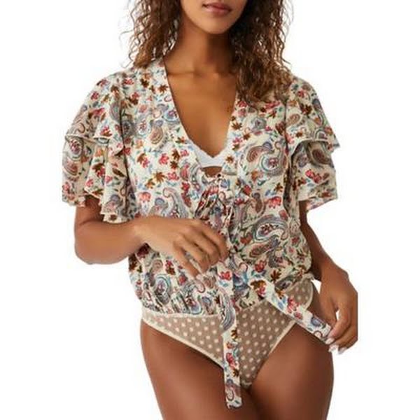 Free People Call Me Later Printed Bodysuit - Sweet Combo - Small