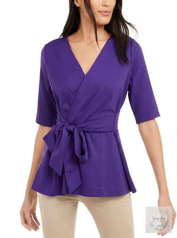 Alfani Faux-Wrap Tie-Front Peplum Blouse, Size Medium