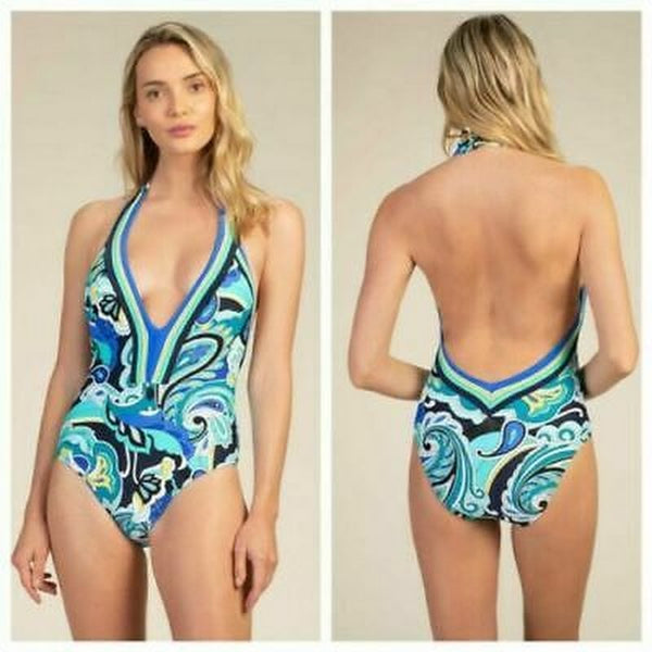 Trina Turk Ipanema Plunge One Piece, Multicolor, Size 6
