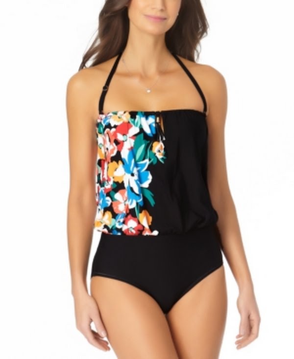 Anne Cole Womens Swimwear Black Blouson One-Piece Floral