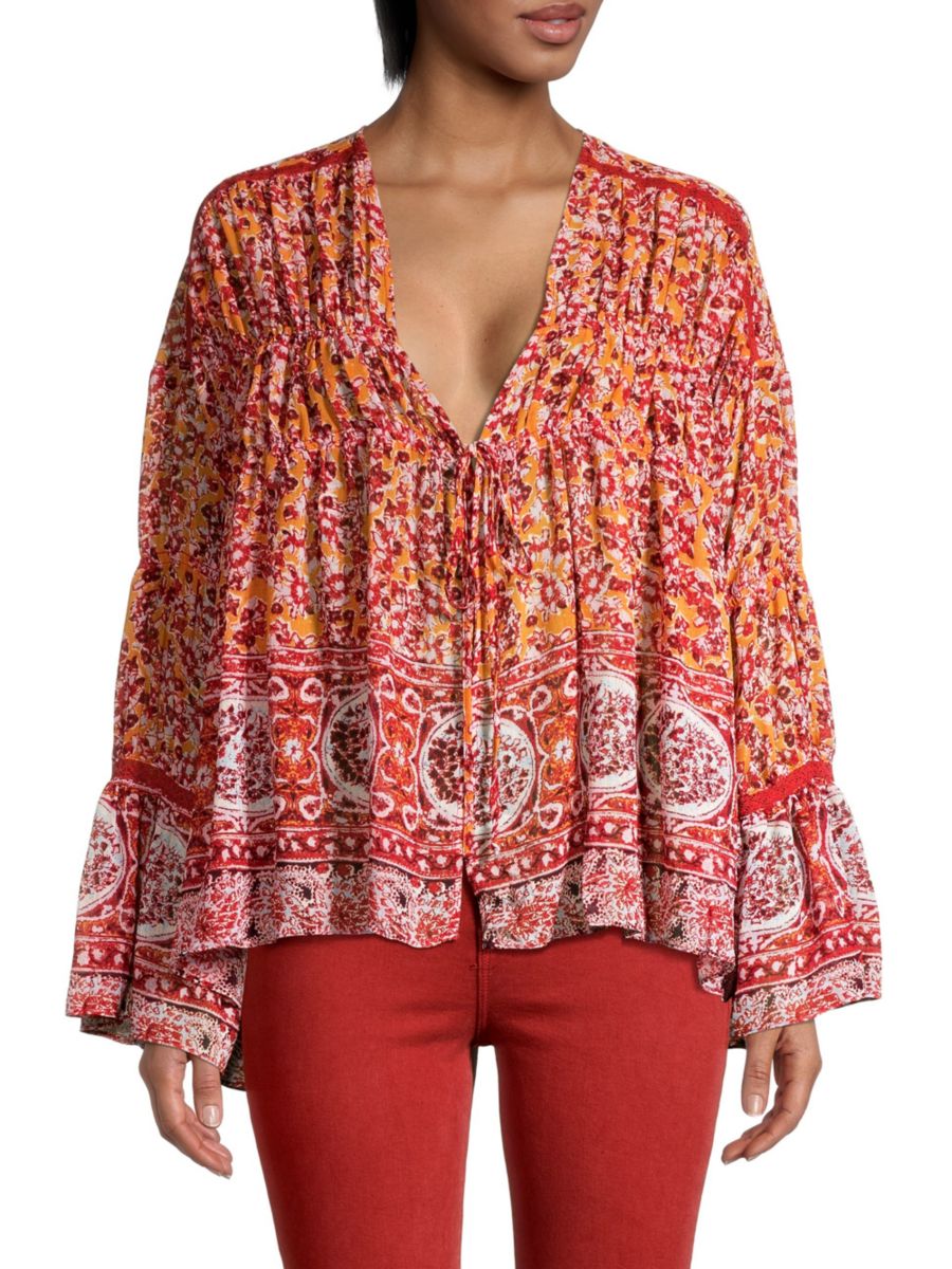 Free People Womens Lorraine Boho-Print Tie-Front Top, Orange Multi, Size Small