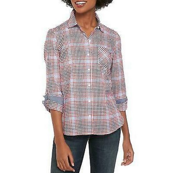 Tommy Hilfiger Gingham Roll-Tab-Sleeve Cotton Top ,Size XS