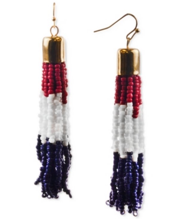 Holiday Lane Gold-Tone Red, White and Blue Seed Bead Tassel Drop Earrings