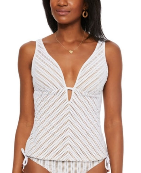 Bar III Crochet Plunge Tankini Top, Ivory, Size Small