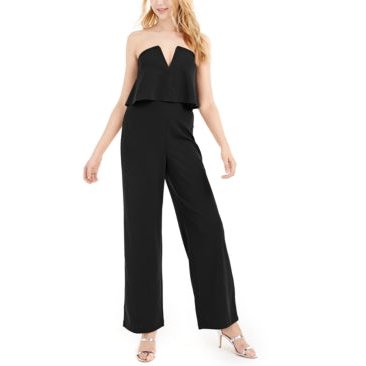 Bebe Women Black Scuba Crepe Strapless Jumpsuit V Notch, Size XS