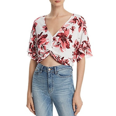 Aqua Flutter-Sleeve Floral Cropped Top, Size Medium