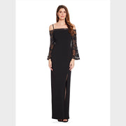 Adrianna Papell Embellished-Sleeve Cold-Shoulder Gown, Black, Size 10