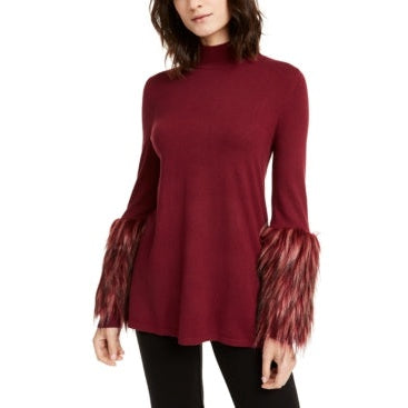 Alfani Faux-Fur-Cuff Mock-Neck Sweater, Size Small